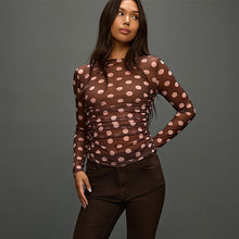 Load image into Gallery viewer, Chocolate Brown/Pink Polka Dot Ruched Long Sleeved Mesh Top