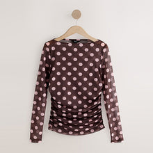 Load image into Gallery viewer, Chocolate Brown/Pink Polka Dot Ruched Long Sleeved Mesh Top