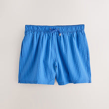 Load image into Gallery viewer, Blue Stripe Seersucker 5 Inch Swim Shorts