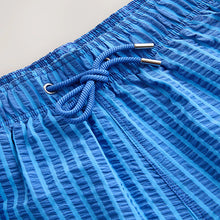 Load image into Gallery viewer, Blue Stripe Seersucker 5 Inch Swim Shorts