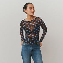 Load image into Gallery viewer, Chocolate Brown/Blue Polka Dot Ruched Long Sleeved Mesh Top
