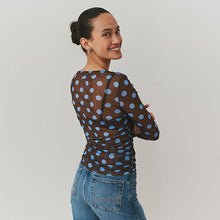 Load image into Gallery viewer, Chocolate Brown/Blue Polka Dot Ruched Long Sleeved Mesh Top