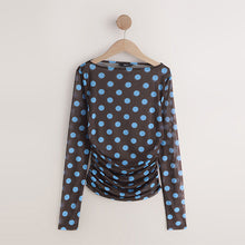 Load image into Gallery viewer, Chocolate Brown/Blue Polka Dot Ruched Long Sleeved Mesh Top
