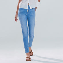 Load image into Gallery viewer, Mid Blue Denim Skinny Silver Button Front Jeans