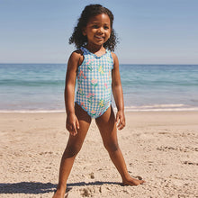 Load image into Gallery viewer, Blue Floral Gingham Lettuce Edge Swimsuit (12mths-6yrs)