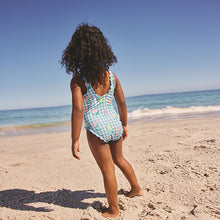 Load image into Gallery viewer, Blue Floral Gingham Lettuce Edge Swimsuit (12mths-6yrs)