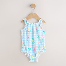 Load image into Gallery viewer, Blue Floral Gingham Lettuce Edge Swimsuit (12mths-6yrs)