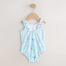 Load image into Gallery viewer, Blue Floral Gingham Lettuce Edge Swimsuit (12mths-6yrs)