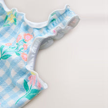 Load image into Gallery viewer, Blue Floral Gingham Lettuce Edge Swimsuit (12mths-6yrs)
