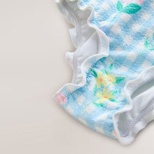 Load image into Gallery viewer, Blue Floral Gingham Lettuce Edge Swimsuit (12mths-6yrs)