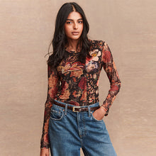 Load image into Gallery viewer, Black/ Red Floral Print Splice Mesh Long Sleeve Crew Neck Top