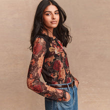 Load image into Gallery viewer, Black/ Red Floral Print Splice Mesh Long Sleeve Crew Neck Top
