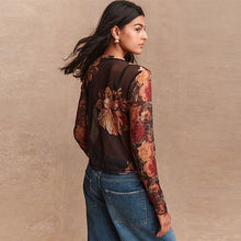 Load image into Gallery viewer, Black/ Red Floral Print Splice Mesh Long Sleeve Crew Neck Top