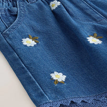 Load image into Gallery viewer, Mid Blue Daisy Embroidered Denim Shorts (9mths-6yrs)