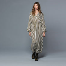 Load image into Gallery viewer, Green Stripe Tie Waist Long Sleeve Midi Shirt Dress