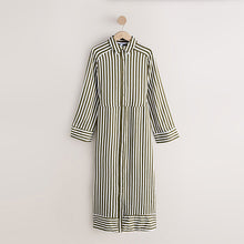 Load image into Gallery viewer, Green Stripe Tie Waist Long Sleeve Midi Shirt Dress