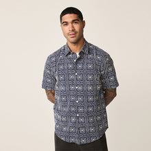Load image into Gallery viewer, Navy Textured Embroidered Tile Short Sleeve Shirt