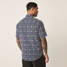 Load image into Gallery viewer, Navy Textured Embroidered Tile Short Sleeve Shirt