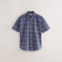 Load image into Gallery viewer, Navy Textured Embroidered Tile Short Sleeve Shirt