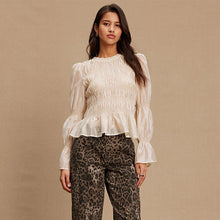 Load image into Gallery viewer, Ecru Sheer Smocked Long Sleeve Top