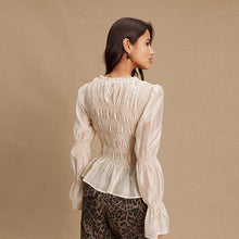 Load image into Gallery viewer, Ecru Sheer Smocked Long Sleeve Top