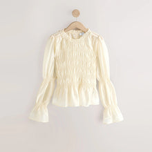 Load image into Gallery viewer, Ecru Sheer Smocked Long Sleeve Top