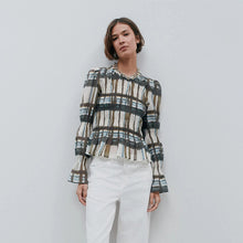 Load image into Gallery viewer, Khaki/Cream Check Sheer Smocked Long Sleeve Top