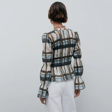 Load image into Gallery viewer, Khaki/Cream Check Sheer Smocked Long Sleeve Top