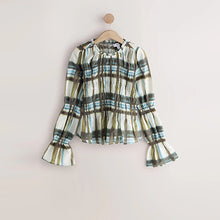 Load image into Gallery viewer, Khaki/Cream Check Sheer Smocked Long Sleeve Top