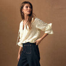 Load image into Gallery viewer, Ecru Linen Blend Tufty Jacquard Long Sleeve Blouse