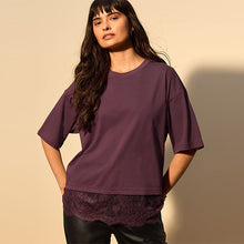 Load image into Gallery viewer, Burgundy Red Short Sleeve Lace Hem T-Shirt