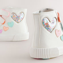 Load image into Gallery viewer, White Glitter Heart Touch Fastening High Top Trainers
