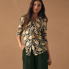 Load image into Gallery viewer, Cream/Green Geometric Print Lyocell Blend Collared V-Neck Shirt