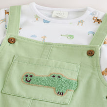 Load image into Gallery viewer, Green Safari Animal Baby Twill Dungarees and Bodysuit Set (0-18mths)