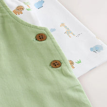 Load image into Gallery viewer, Green Safari Animal Baby Twill Dungarees and Bodysuit Set (0-18mths)