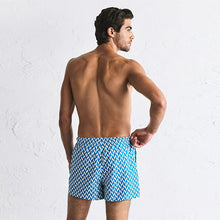 Load image into Gallery viewer, Blue/White Geo Quick Dry 4 Inch Swim Shorts