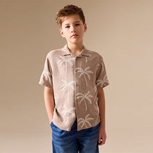 Load image into Gallery viewer, Taupe Brown Palm Embroidery Short Sleeve Revere Collar Shirt (4-12yrs)