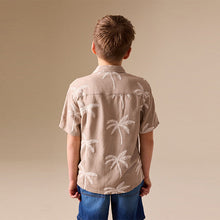 Load image into Gallery viewer, Taupe Brown Palm Embroidery Short Sleeve Revere Collar Shirt (4-12yrs)