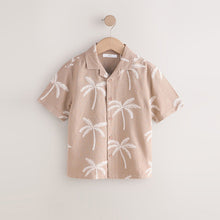 Load image into Gallery viewer, Taupe Brown Palm Embroidery Short Sleeve Revere Collar Shirt (4-12yrs)