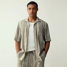 Load image into Gallery viewer, Khaki Green Stripe Textured Short Sleeve Shirt