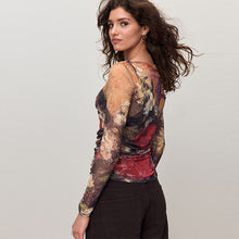 Load image into Gallery viewer, Red Floral Ruched Long Sleeved Mesh Top