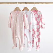Load image into Gallery viewer, Pink/White Two Way Zip 100% Cotton Baby Sleepsuits 3 Pack