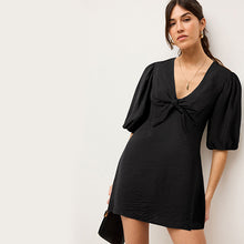 Load image into Gallery viewer, Black Tie Front Puff Sleeve Mini Dress