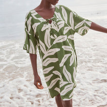 Load image into Gallery viewer, Green/White Oversized Cover Up Kaftan With Linen