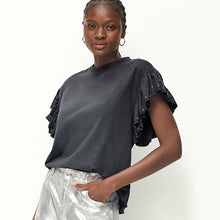 Load image into Gallery viewer, Charcoal Grey Sparkle 100% Cotton Sparkle Stud Ruffle Sleeve T-Shirt