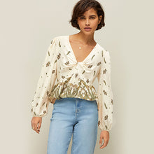Load image into Gallery viewer, Ecru Paisley Print Long Sleeve V-Neck Twist Front Top