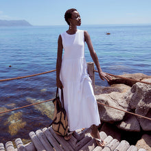 Load image into Gallery viewer, White Sleeveless 100% Cotton Crew Neck Tiered Summer Maxi Jersey Dress