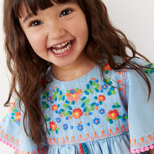 Load image into Gallery viewer, Blue Denim Embroidered Kaftan Dress (3mths-6yrs)