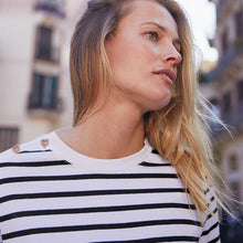 Load image into Gallery viewer, Navy/ Ecru Strioe Button Detail T-Shirt - Allsport