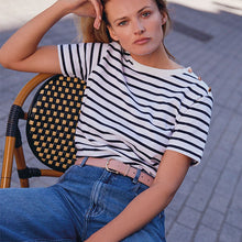 Load image into Gallery viewer, Navy/ Ecru Strioe Button Detail T-Shirt - Allsport